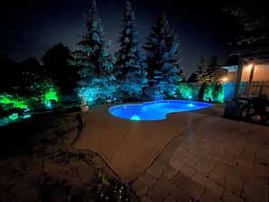 Una piscina con borde curvo, rodeada por un patio empedrado.