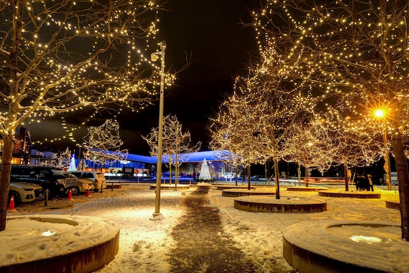 Un espacio exterior cubierto de nieve con árboles iluminados y un edificio al fondo.