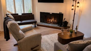 Smart TV, fireplace, books