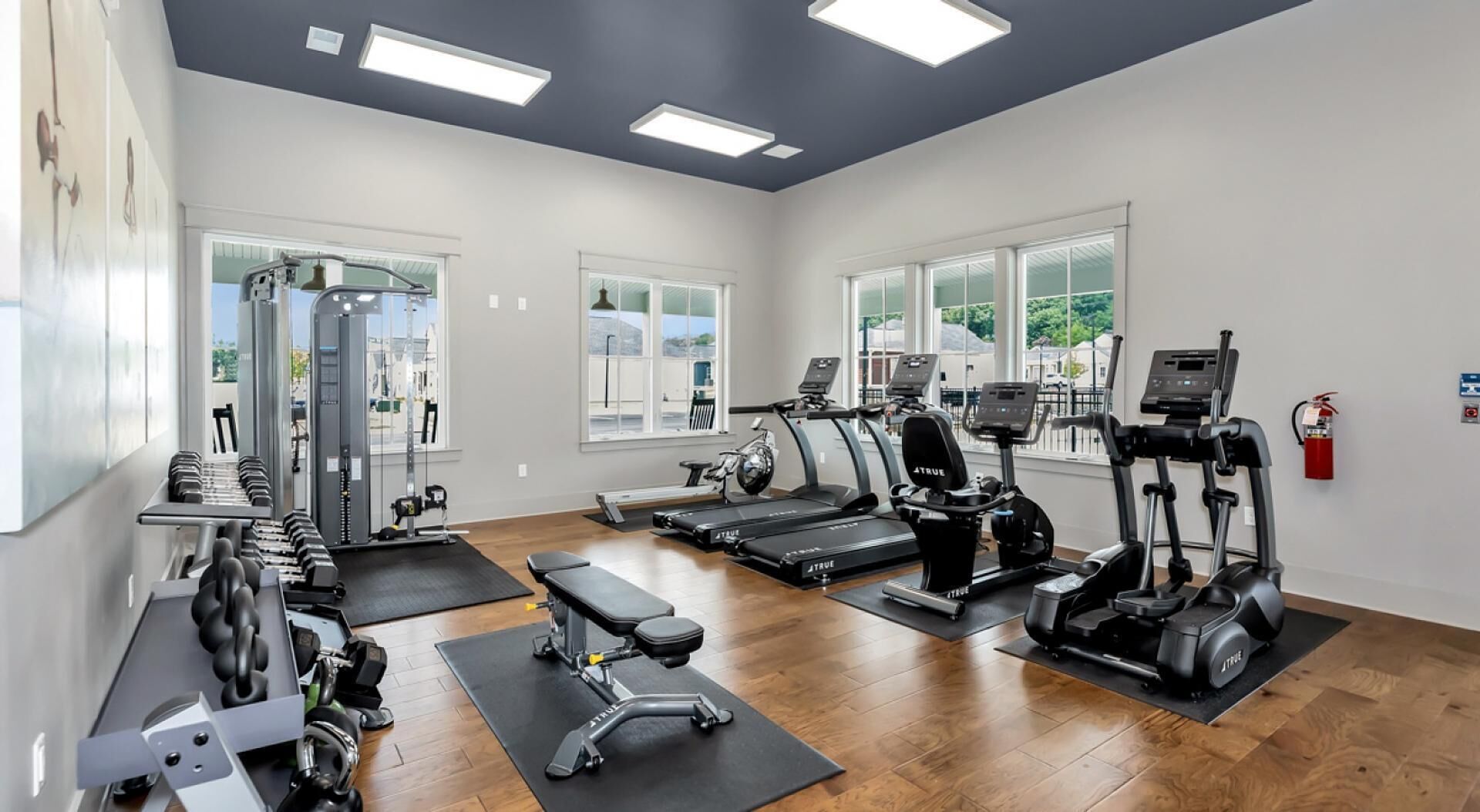 A gym with treadmills, elliptical machines, and weightlifting equipment.