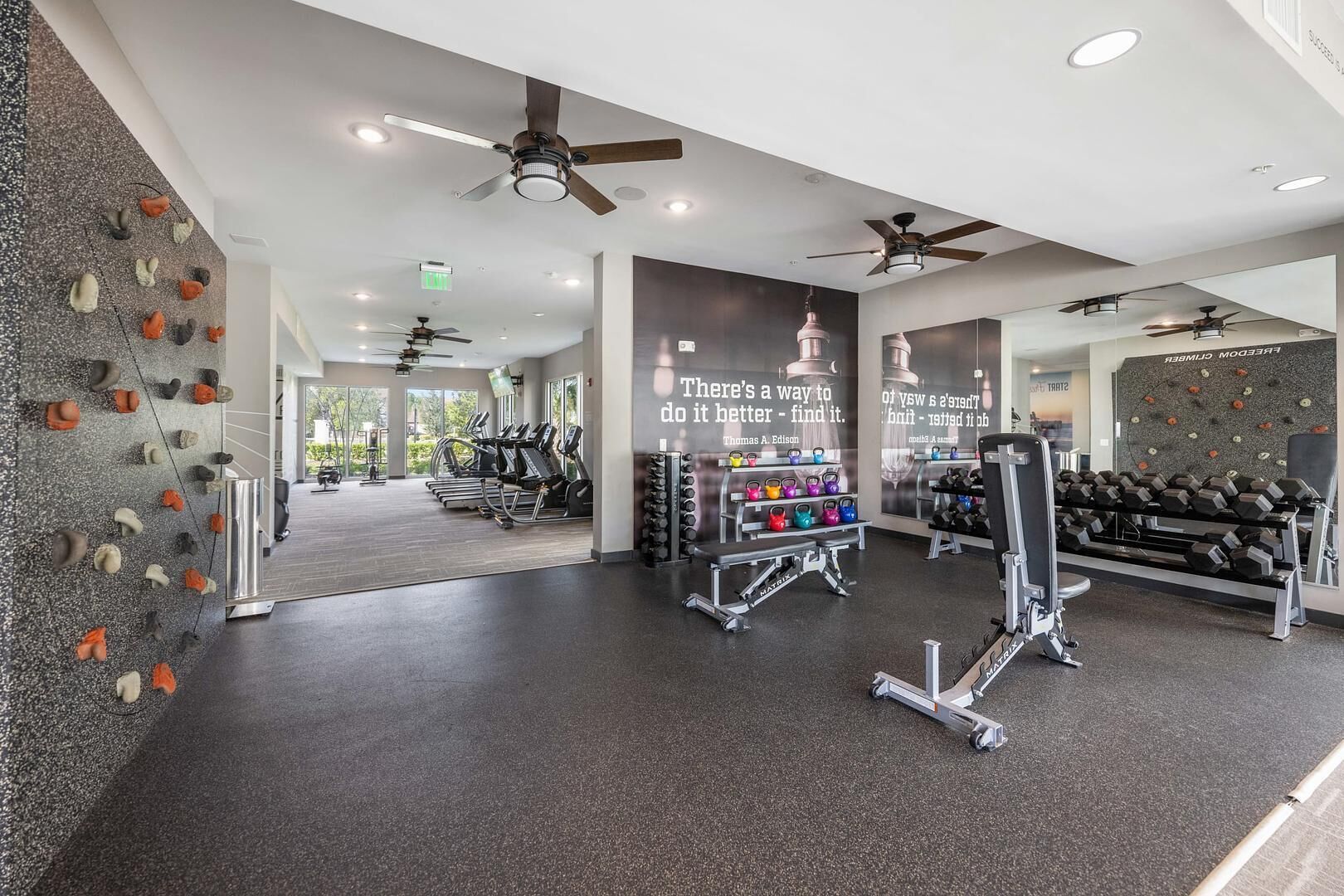 A gym with treadmills, weights, and a climbing wall.