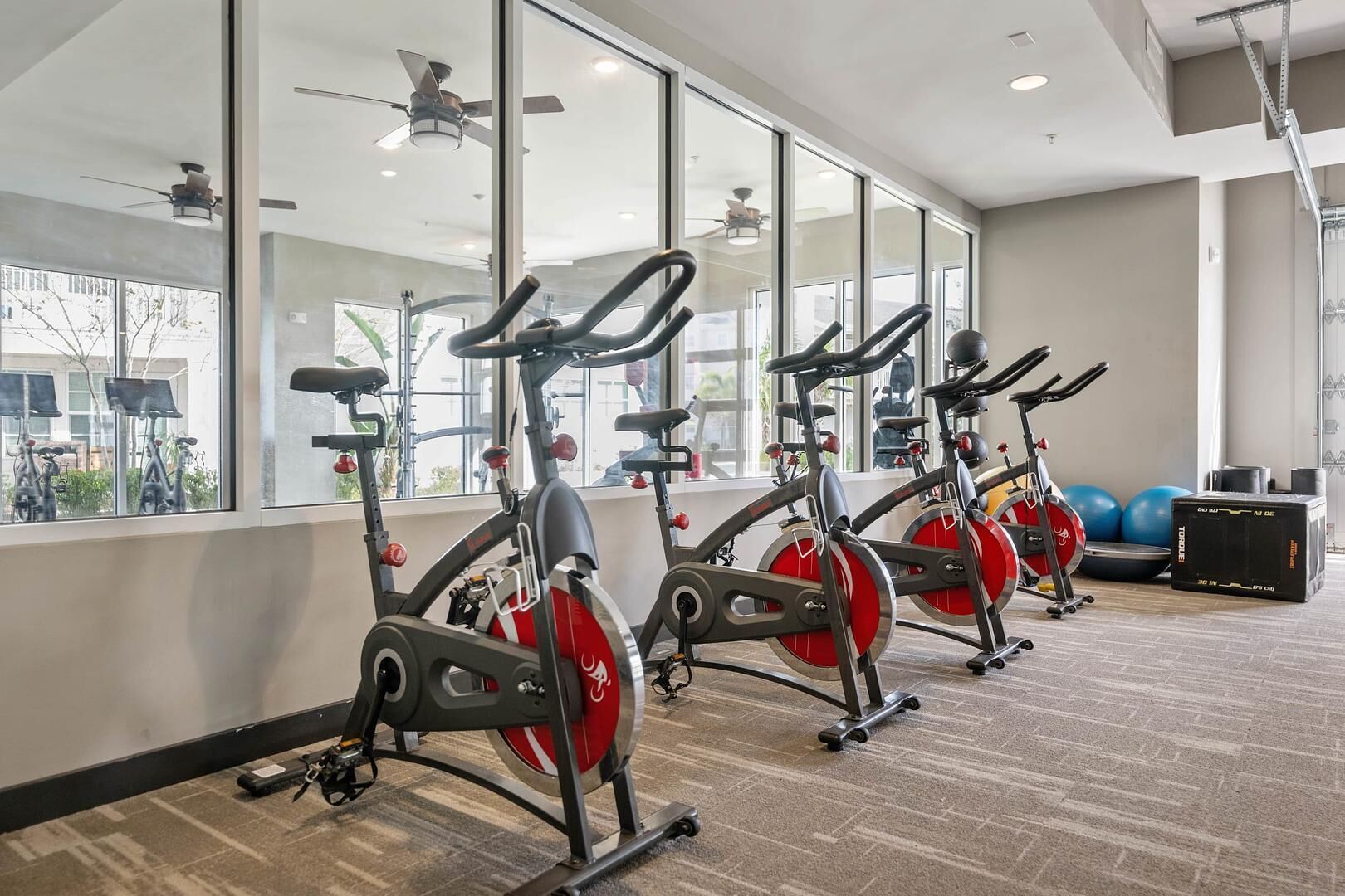 Une salle de sport équipée de vélos d’appartement, de ballons d’exercice et d’un support à poids.