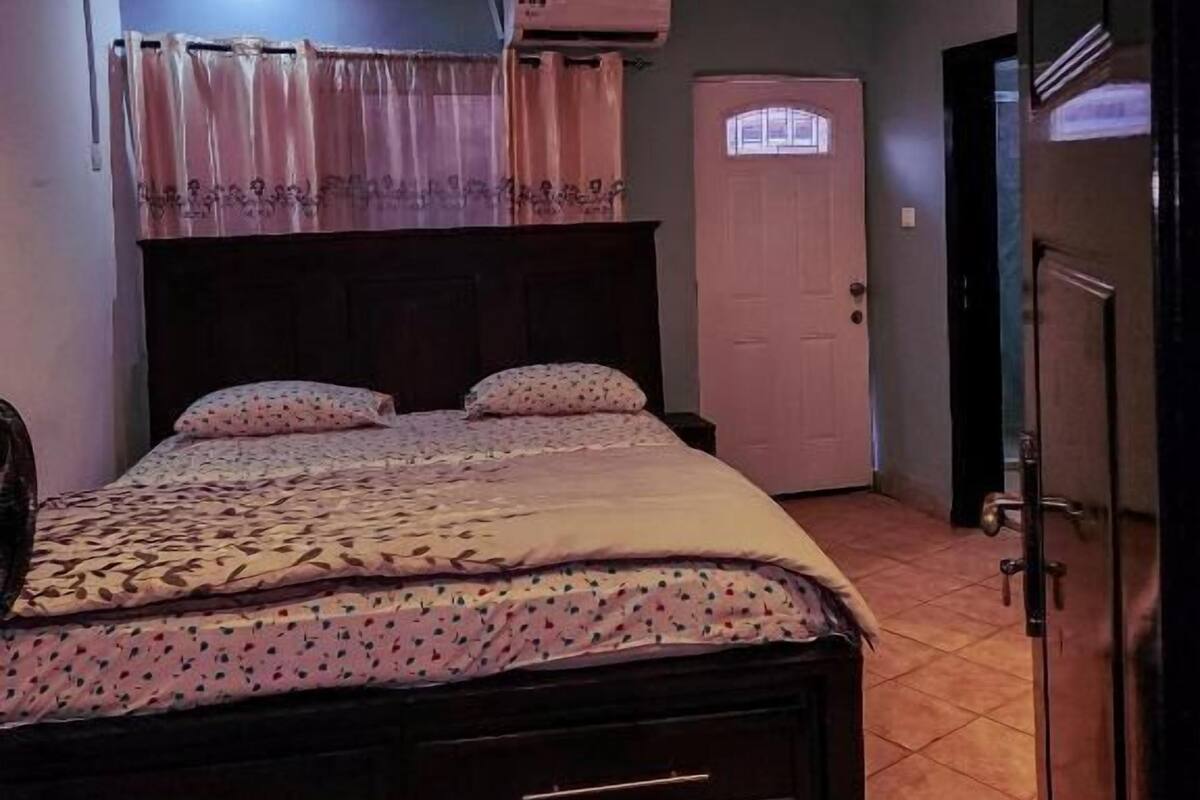 Un dormitorio con una cama, una lámpara de techo, un equipo de aire acondicionado, una puerta y una alfombra estampada.