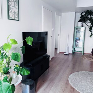 Ein modernes Wohnzimmer mit Flachbildfernseher, einer großen Zimmerpflanze, einem kleinen Lautsprecher und einem grünen Bücherregal.