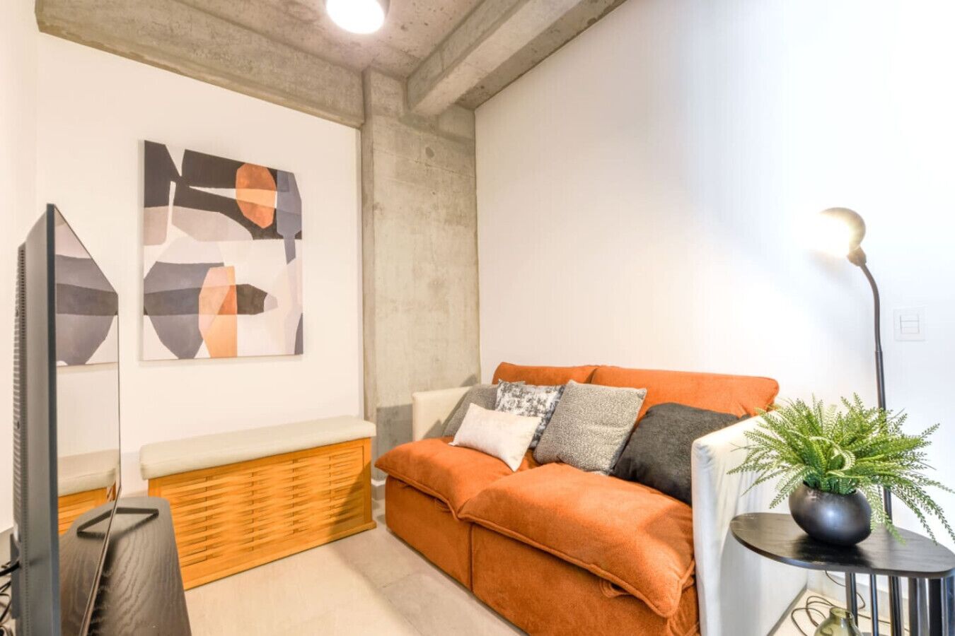 Ein modernes Wohnzimmer mit einer Couch, Kissen, einer Pflanze und abstrakter Wandkunst.