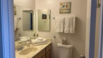 Hair dryer, towels, soap, toilet paper