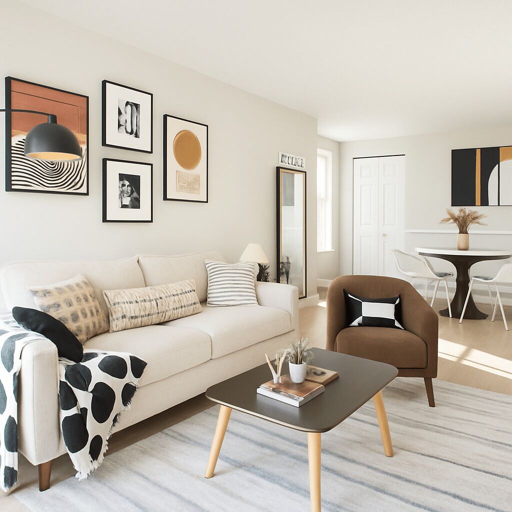 A living room with a sofa, armchair, coffee table, and a dining area with a table and chairs.