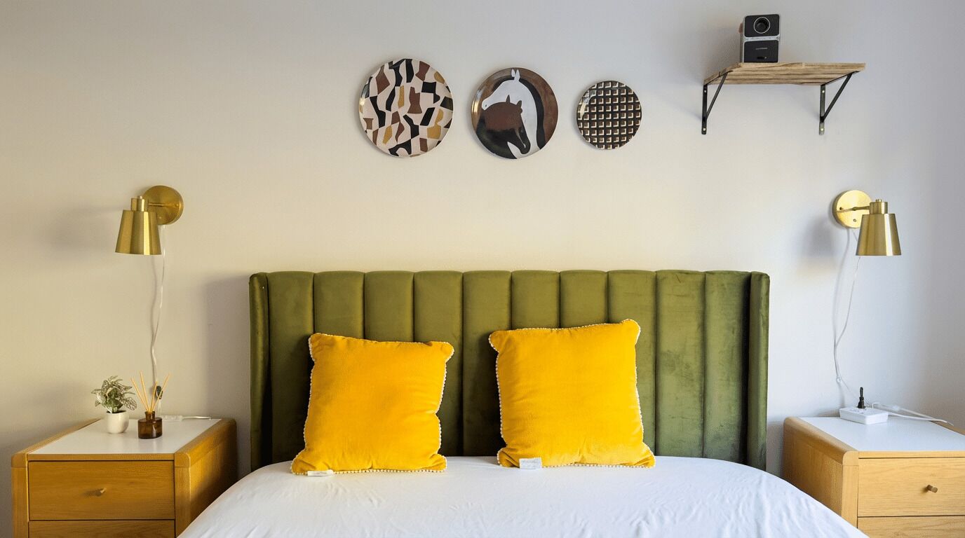 A bedroom with a green upholstered headboard, two yellow pillows, a white bedspread, and a bedside table with a lamp.