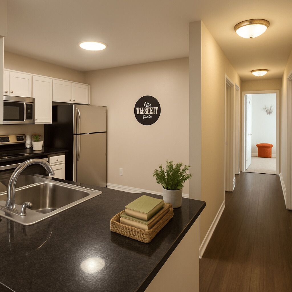 A modern kitchen with stainless steel appliances, a black countertop, and a potted plant.