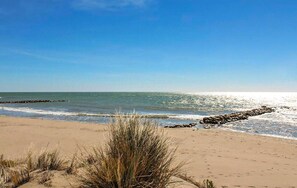 Ein Strand mit Sand, Gras und einem Felssteg.