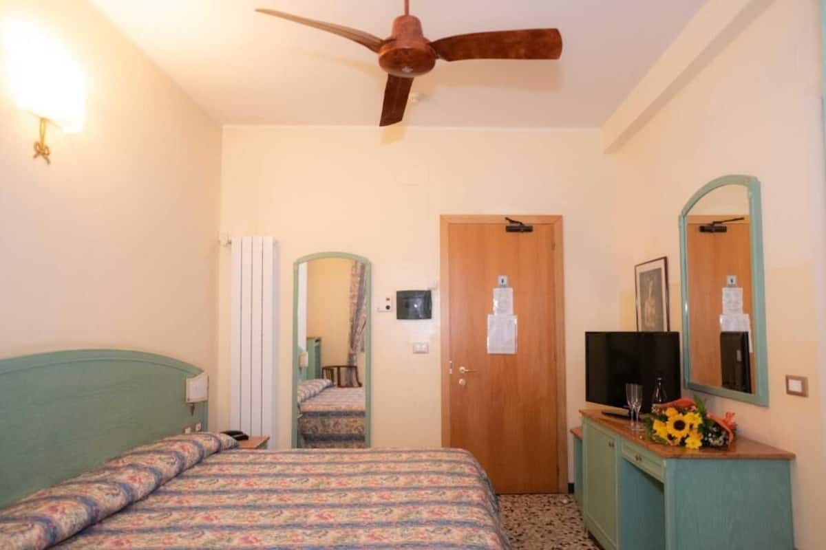 Une chambre à coucher avec un lit, un ventilateur de plafond, une télévision, un miroir et une porte.