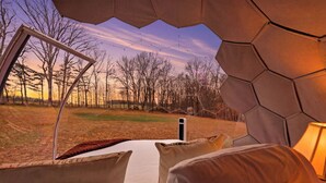 Une chambre avec un lit, une vue sur les arbres et une structure hexagonale.