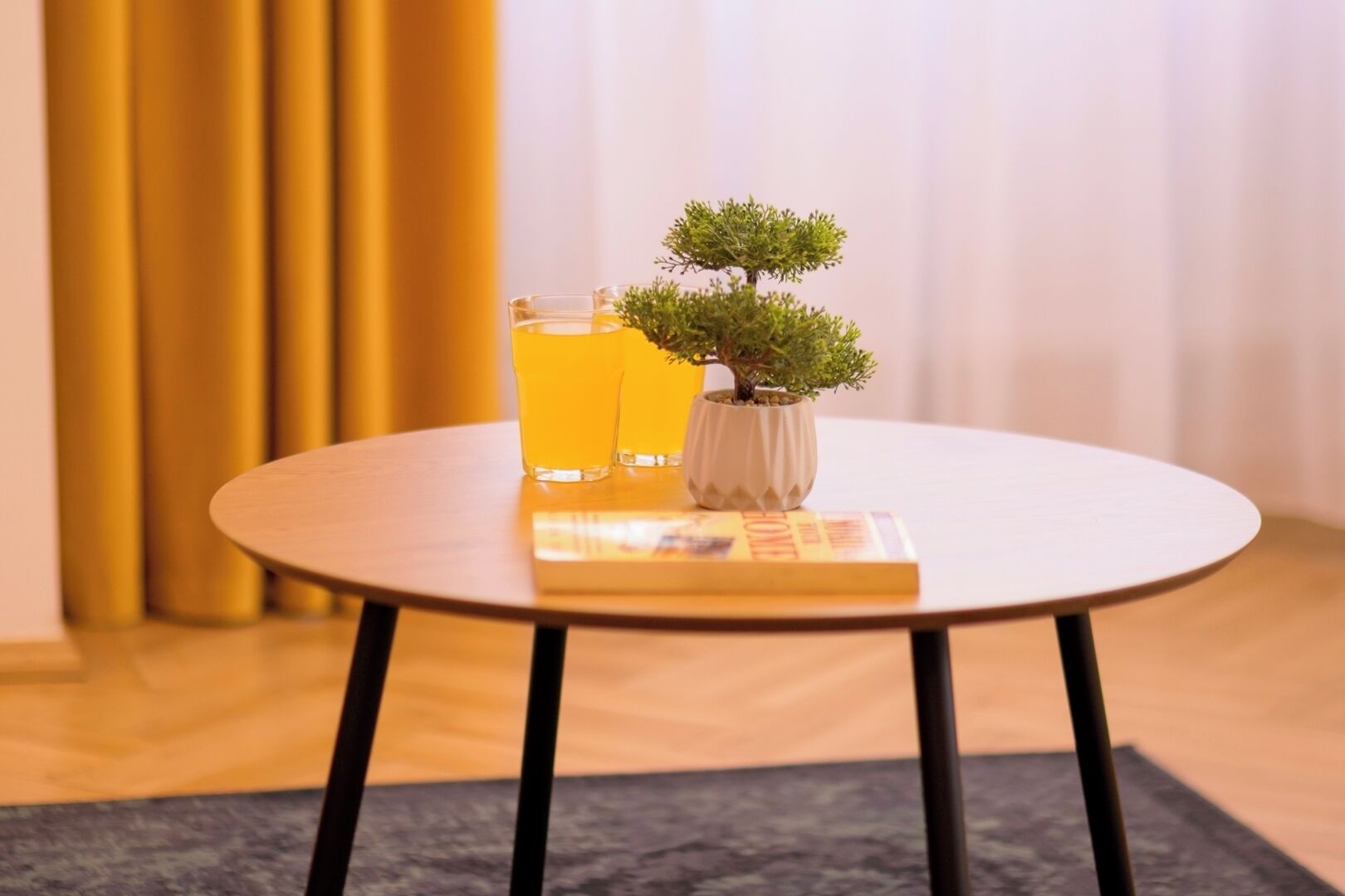 A round table with a book and two glasses of orange juice, a small potted plant, and a curtain in the background.