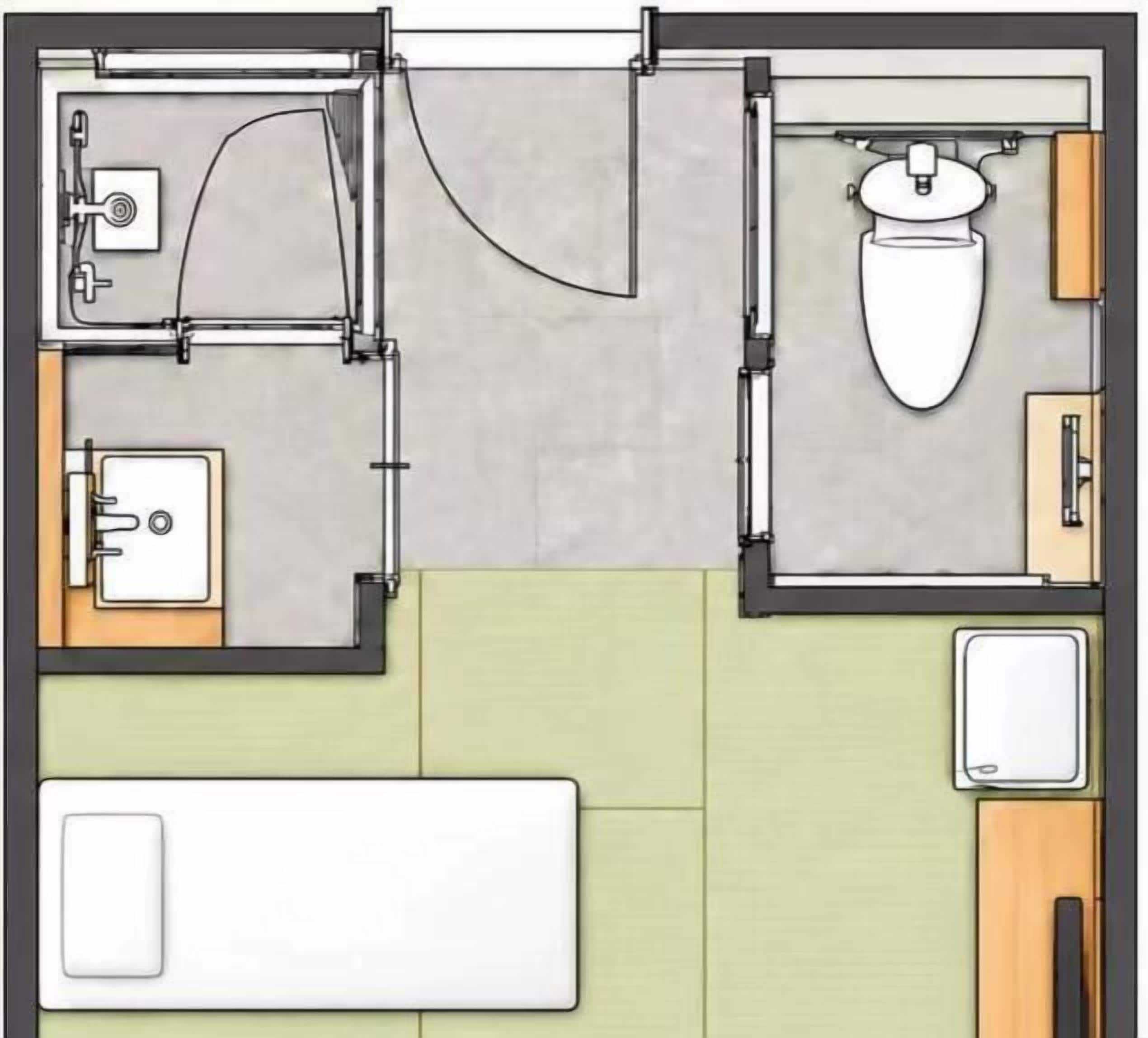 Plano de un cuarto de hotel con baño, kitchenette y una cama.