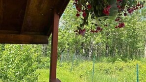 A wooden pergola with a hanging flower basket. - Two Houses, Twice the Fun (Glacier County)