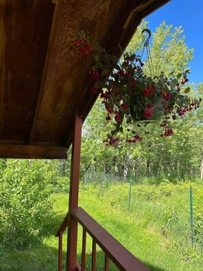 A wooden pergola with a hanging flower basket. - Two Houses, Twice the Fun (Glacier County)