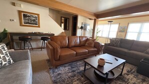 A living room with a brown leather sofa, a grey sofa, a coffee table, and a patterned rug. - 2-bedroom duplex in Mt. Washington on quiet family street near Grandview Ave. (Pittsburgh)