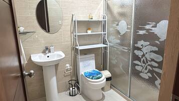 Shower, hair dryer, towels, soap
