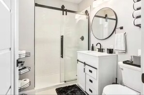 Hair dryer, towels, soap, toilet paper