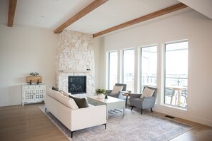 Smart TV, fireplace, video library