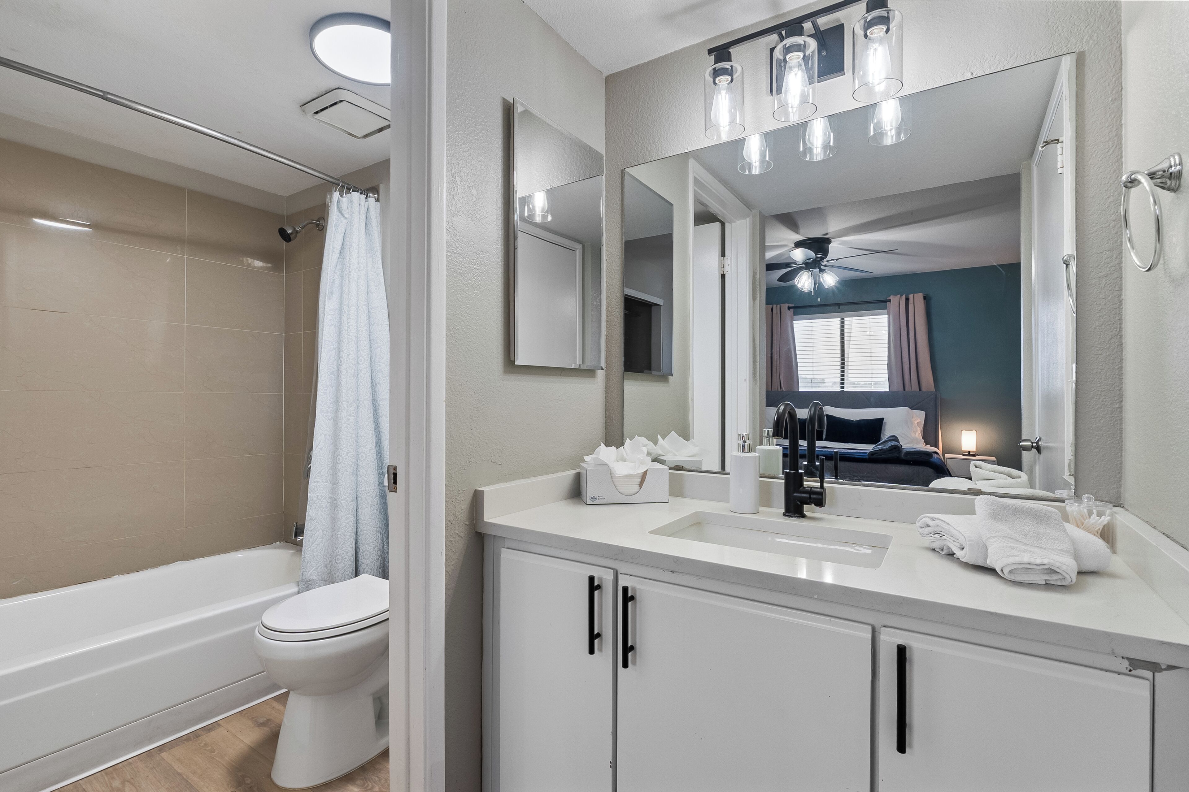 Hair dryer, towels, soap, shampoo