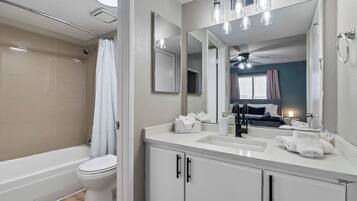 Hair dryer, towels, soap, shampoo