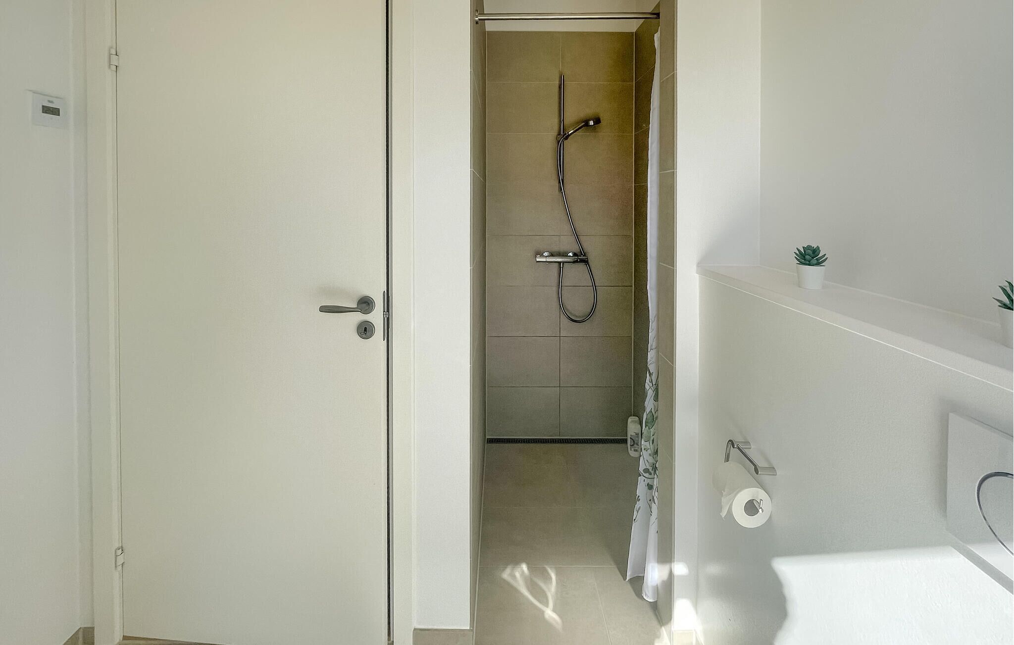 A bathroom with a shower, toilet paper, and a small plant on the shelf.