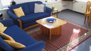 Een woonkamer met een blauwe bank, een houten salontafel, een getextureerd vloerkleed, een televisie en een radiator.