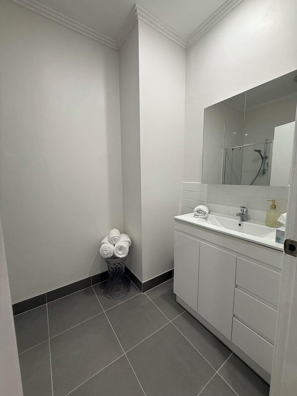 Shower, hair dryer, towels, soap