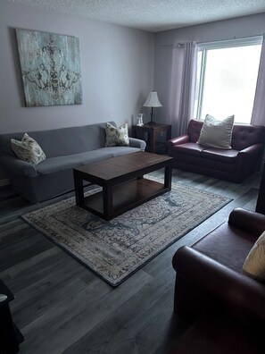 Ein Wohnzimmer mit grauem Sofa, rotem Sofa, Couchtisch und einem gemusterten Teppich.