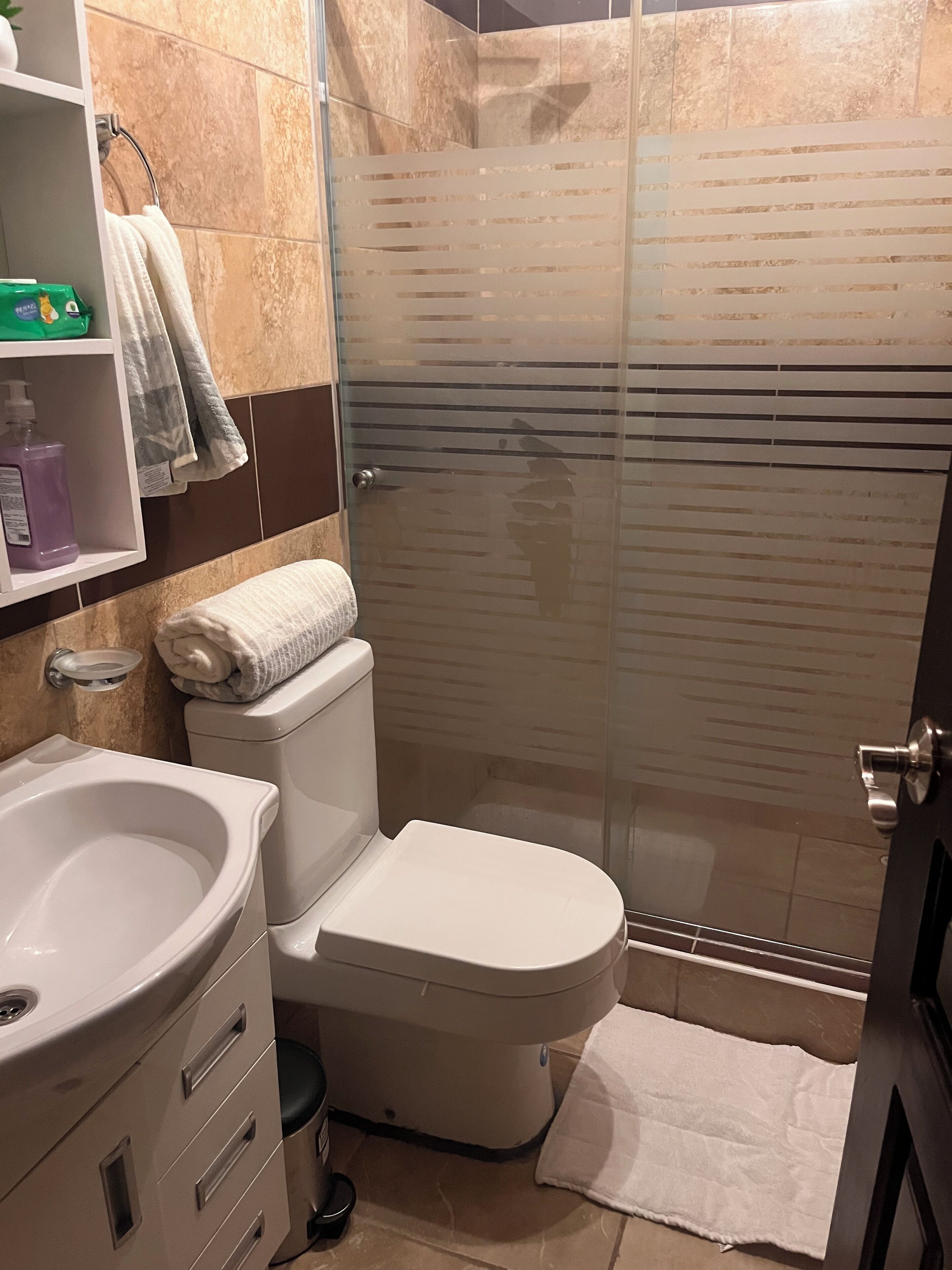 Ein Badezimmer mit Toilette, Waschbecken und Duschkabine aus Glas.