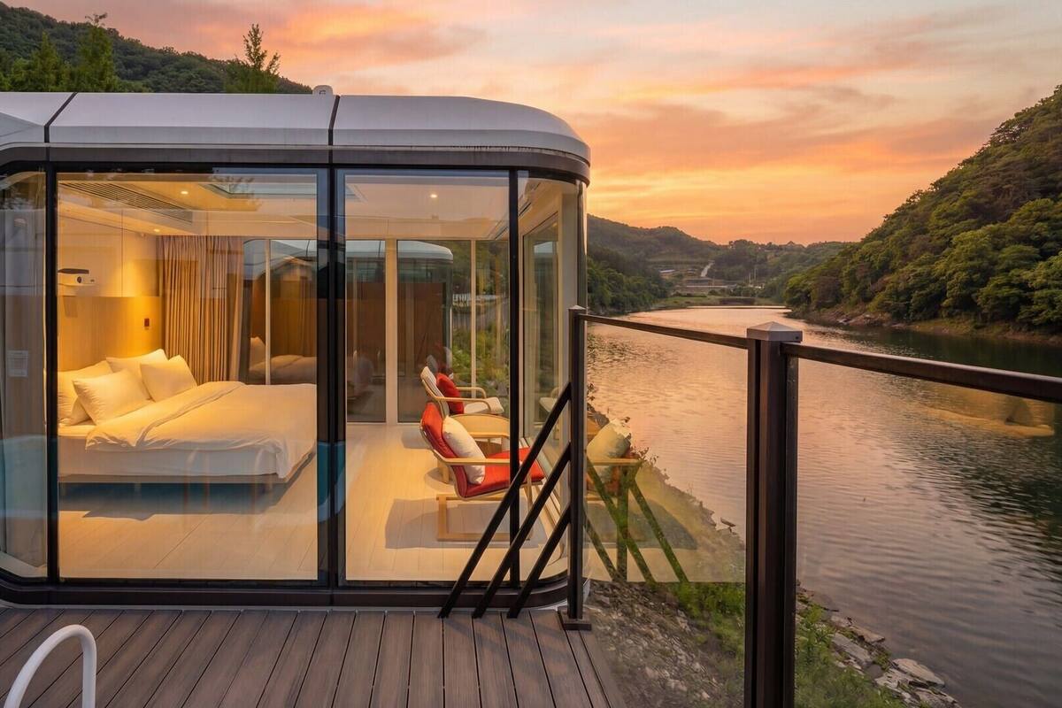 A modern, glass-enclosed room with a bed, a red chair, and a view of a river at sunset.