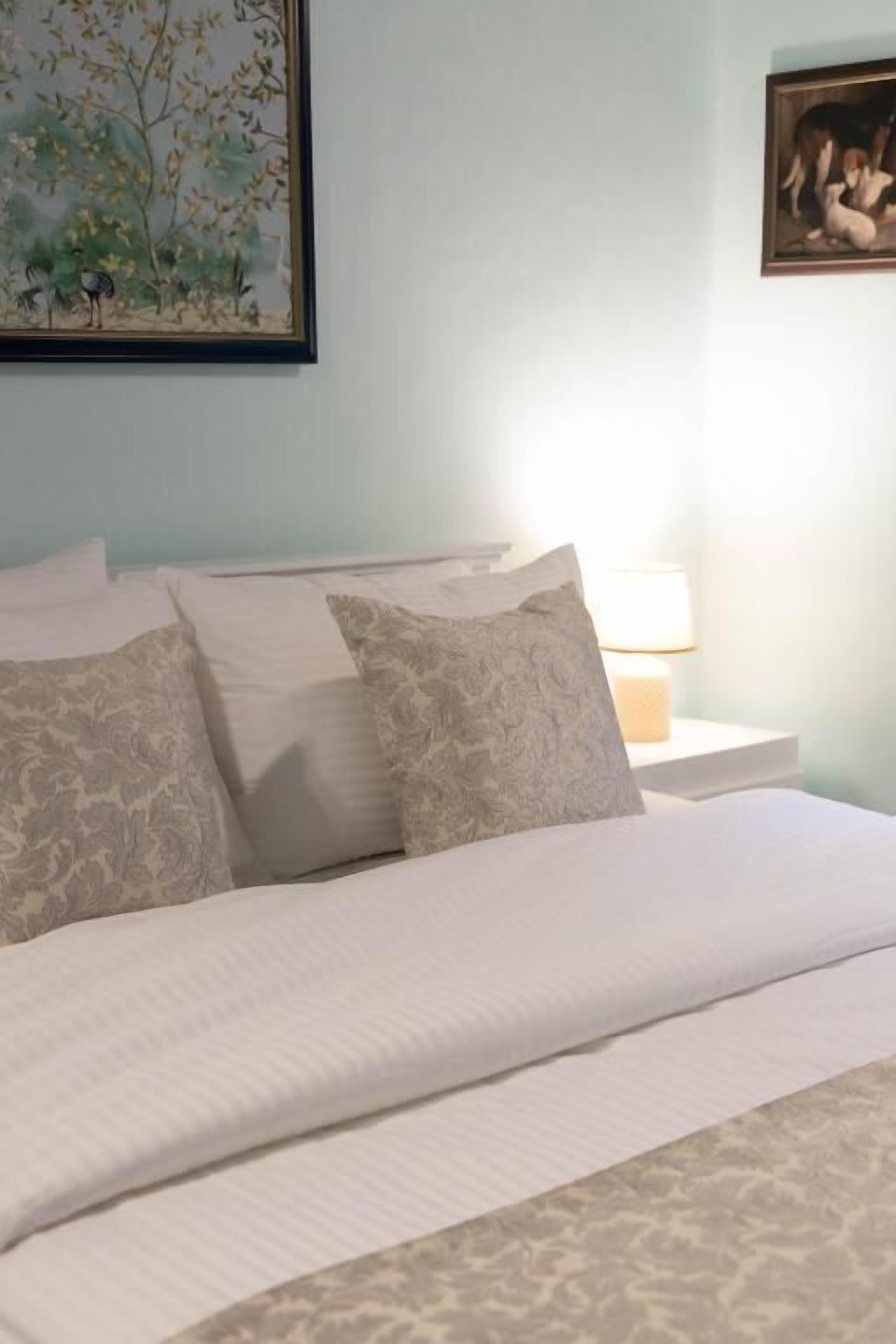 Una cama bien hecha con almohadones estampados, un cuadro enmarcado encima y una lámpara de noche.