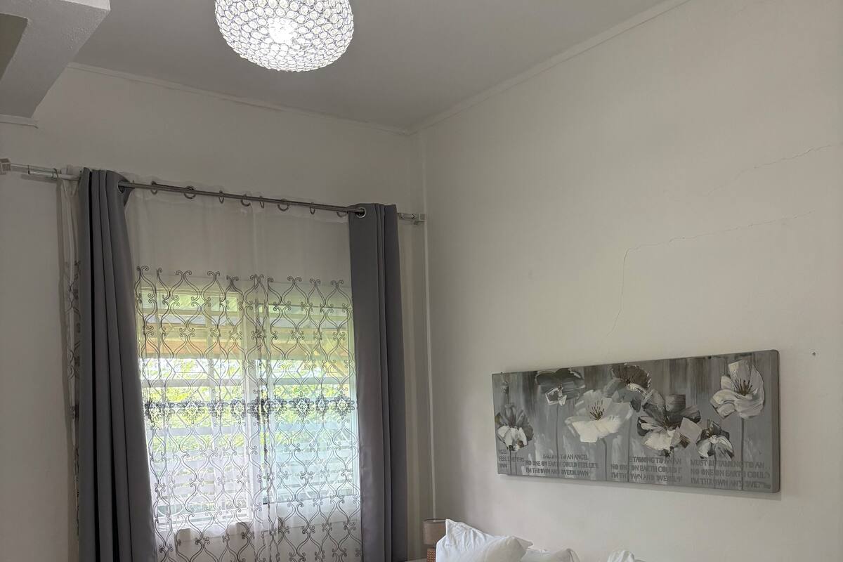 A bedroom with a bed, curtains, a hanging light fixture, a wall-mounted artwork, and a patterned rug.