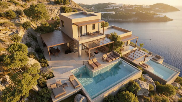 A modern multi-level villa with a pool, outdoor seating, and a view of the sea. - Infinity Rise Villa, a Distinctive Private Stay (Agia Pelagia)