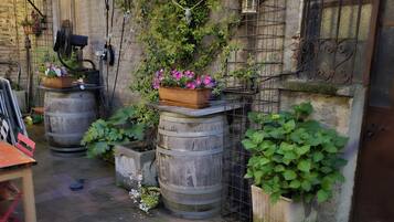 A rustic outdoor area with barrels, potted plants, and a metal structure.