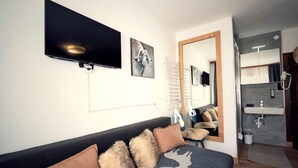 Una habitación moderna con sofá, televisión montada en la pared, espejo, baño con lavamanos y ducha, y alfombra.
