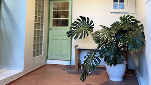 Un pasillo con una puerta verde, un ventanal con diseño de cuadrícula y dos plantas en macetas.