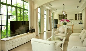 Deluxe Villa, City View | Living room | 450-inch flat-screen TV with satellite channels - Ocha Villa (Phu Quoc)