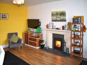 A living room with a fireplace, a bookshelf, a chair, and a painting on the wall. - 1 bedroom accommodation in West Buckland (West Buckland)