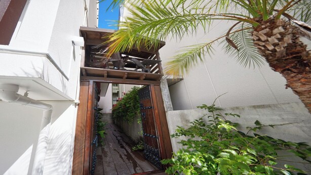 A narrow alleyway with a wooden gate, a palm tree, and a concrete wall. - Hotel Cuore Kokusai Dori Naha (Naha)