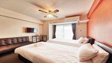 Desk, laptop workspace, free WiFi, bed sheets