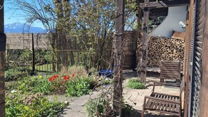 A covered patio area with a wooden bench, a garden with various plants and flowers, and a stack of firewood. - Cozy vacation apartment 70sqm for max. 4 persons with terrace (Laufen)