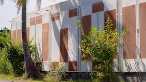 A building with a series of large windows, surrounded by greenery and a palm tree. - La Kaz by Kaz Kafe (Pamandzi)