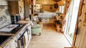 A compact kitchen with a stove, sink, and wooden ceiling. - Twit Twoo Shepherds Hut (Louth)