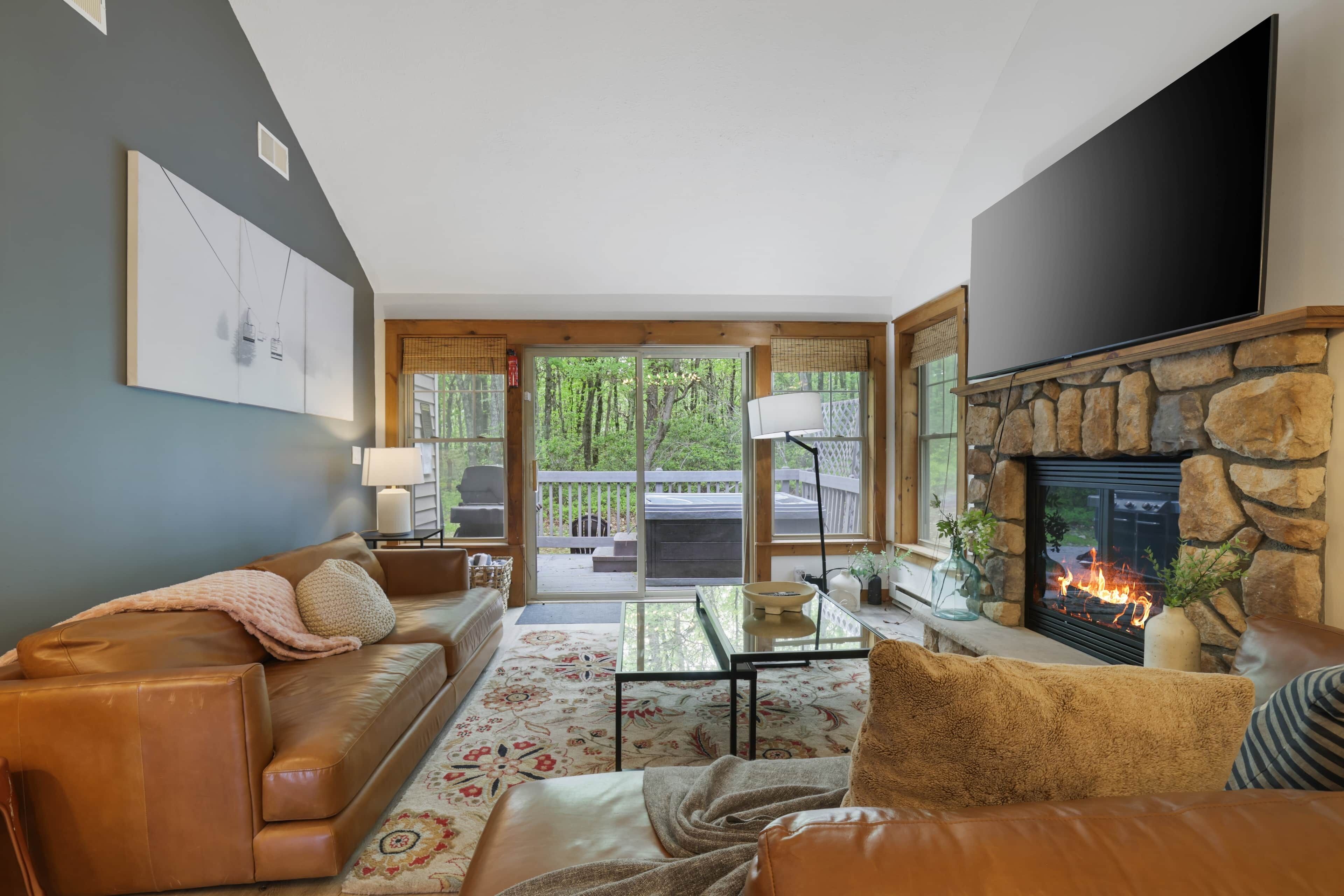Smart TV, fireplace, foosball