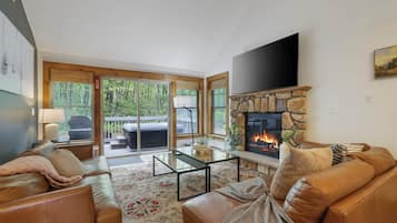 Smart TV, fireplace, foosball