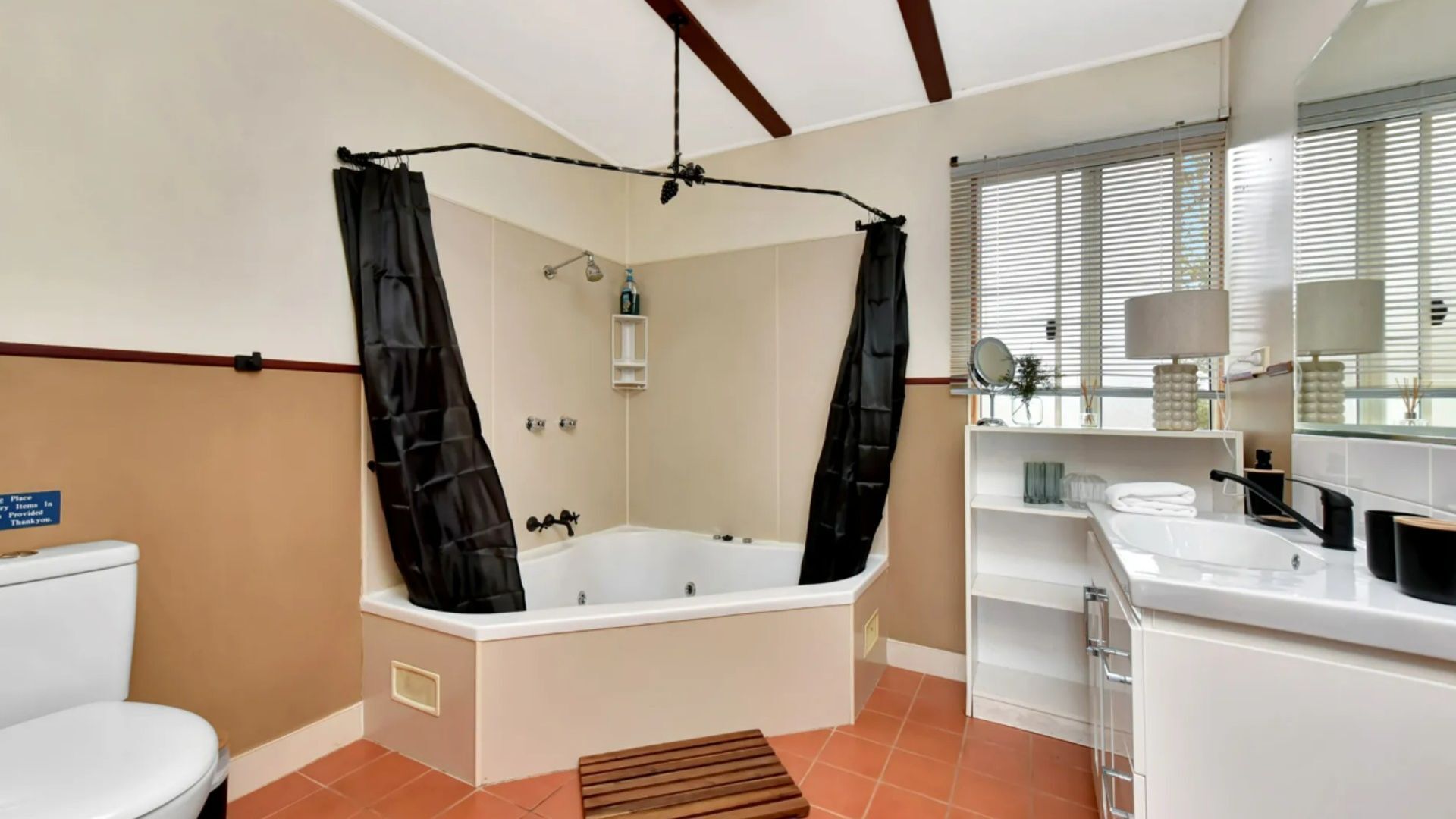 Shower, jetted tub, hair dryer