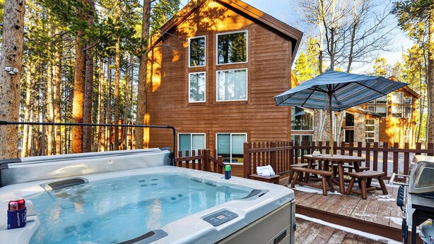 Une cabane en bois avec un bain à remous, une table de pique-nique et un barbecue.