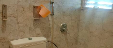 A bathroom with a toilet, a shower, and a window.